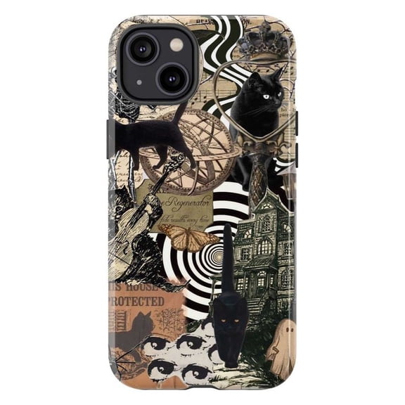 Mystical Black Cat Art Phone Case, Abstract Dark Academia Collage iPhone Cover, Unique Case for iPhone 17 16 15 14 13 12 11 Plus Pro Max Mini