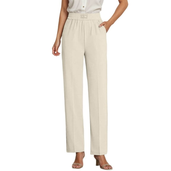 Likimi Womens Stretch Trousers Lightweight Comfortable Elastic Waist Solid Color Long Pants With Pocket Size 2Xl Beige