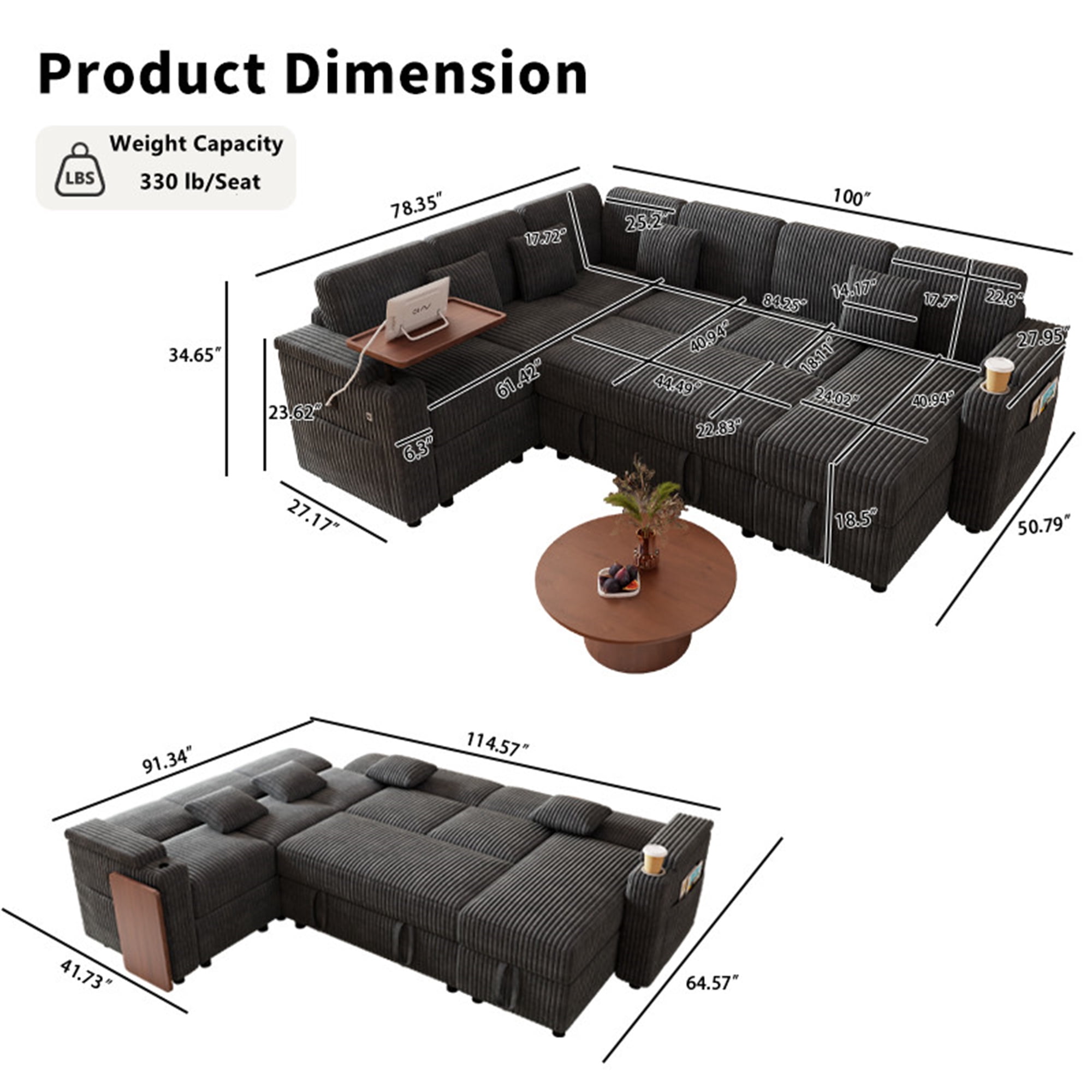 Aukfa 6 Seat L shape Sectional Couch Convertible Sofa Bed with USB &Cupholder Arm Storage Console, Floating Desktop, 4 Pillows, Corduroy, Dark Gray
