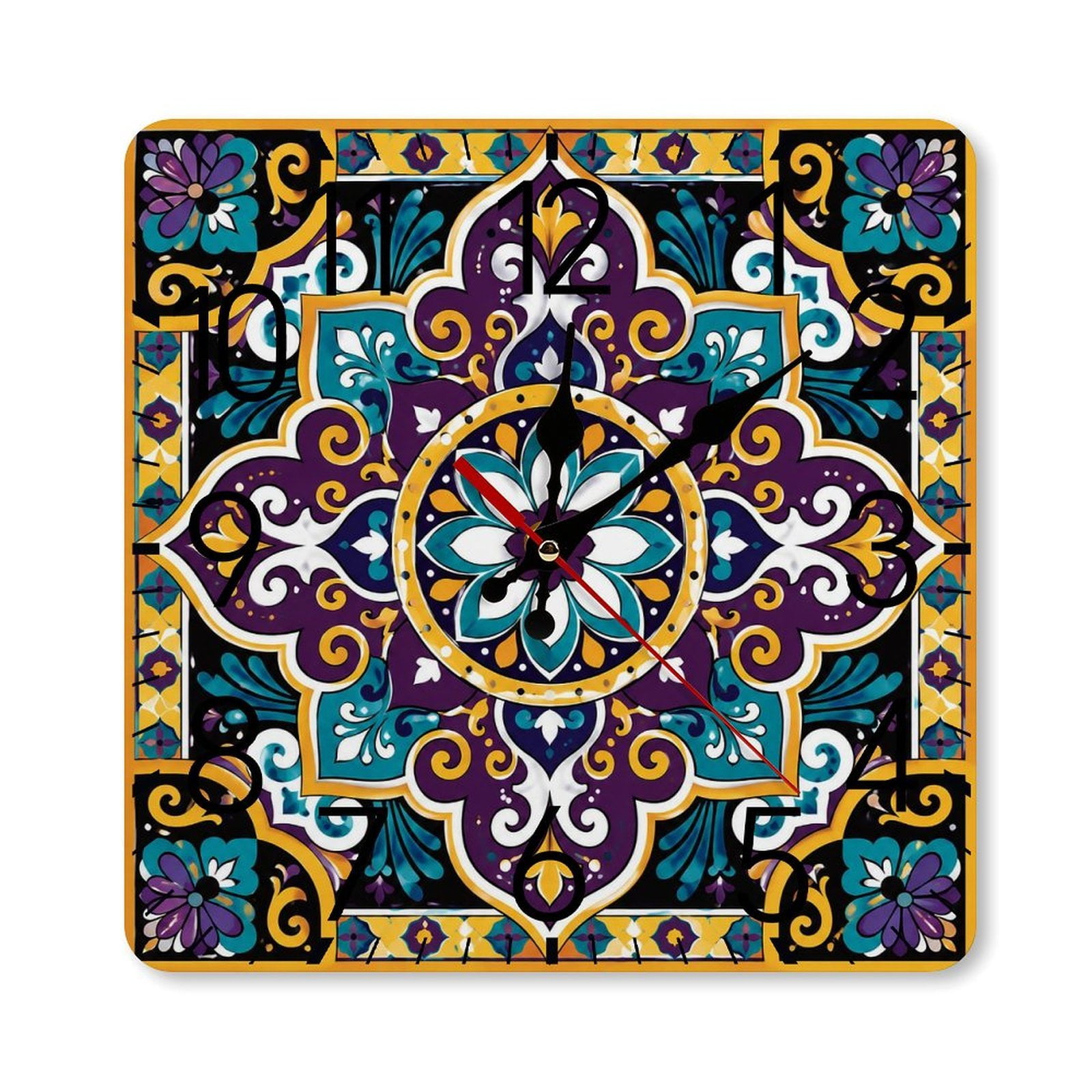 RKSupls 10×10inch Square Silent Wall Clock Wooden Frame, Talavera Purple Medallion Tile Scale Decorative Clock for Home Bedroom Living Room Office
