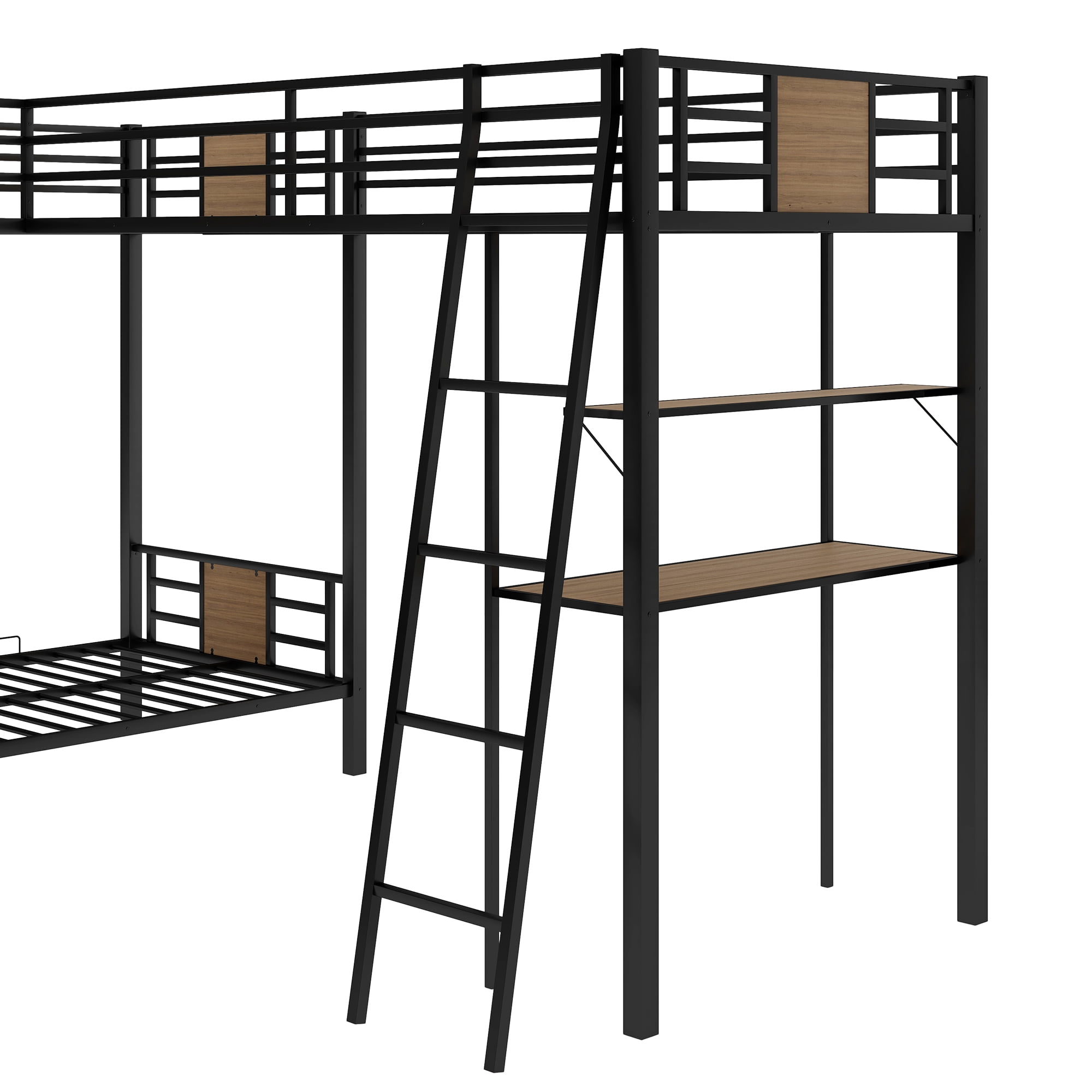 Aukfa Triple Bunk Bed with Desk and Shelf, L-Shaped Metal Bunk Bed with a Twin Loft Bed for 3 Kids, Twin Over Twin - Black