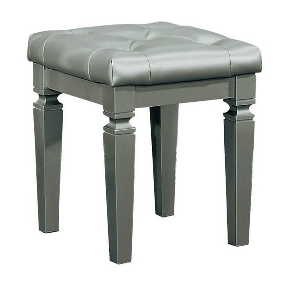 Benzara BM181872 Wooden Vanity Stool with Faux Leather Tufted Seat, Gray - 19.25 x 17 x 17 in.