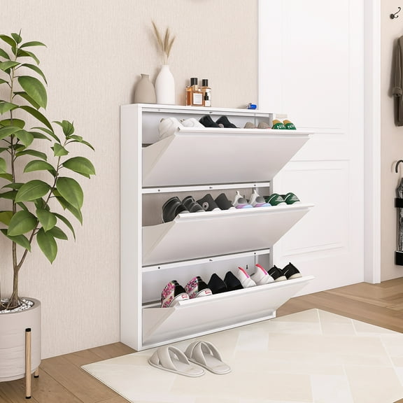 NICEGDLT Shoe Cabinet with 3 Flip Drawers, Hidden Metal Shoe Cabinet,Freestanding Shoe Storage Cabinet for Entryway Hallway.White. 43" H*31.5" W*6" D