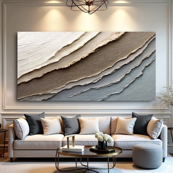 24''x48'' Abstract Earth Tones Canvas Wall Art, Layered Textures in Beige, Brown and Gray, Modern Style for Living Room