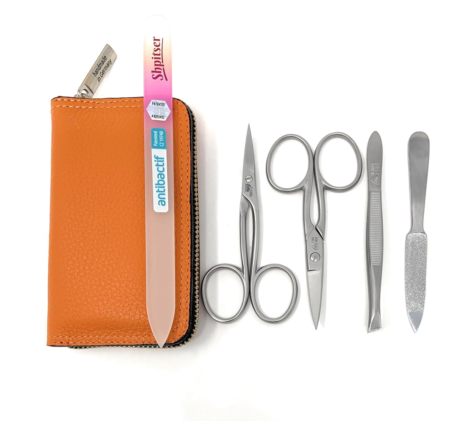 Erbe Solingen 4 pcs Surgical Stainless Steel German Manicure Set Grooming Kit In Luxury Genuine Leather Case Made in Solingen Germany With BONUS: SHPITSER Crystal glass Nail File