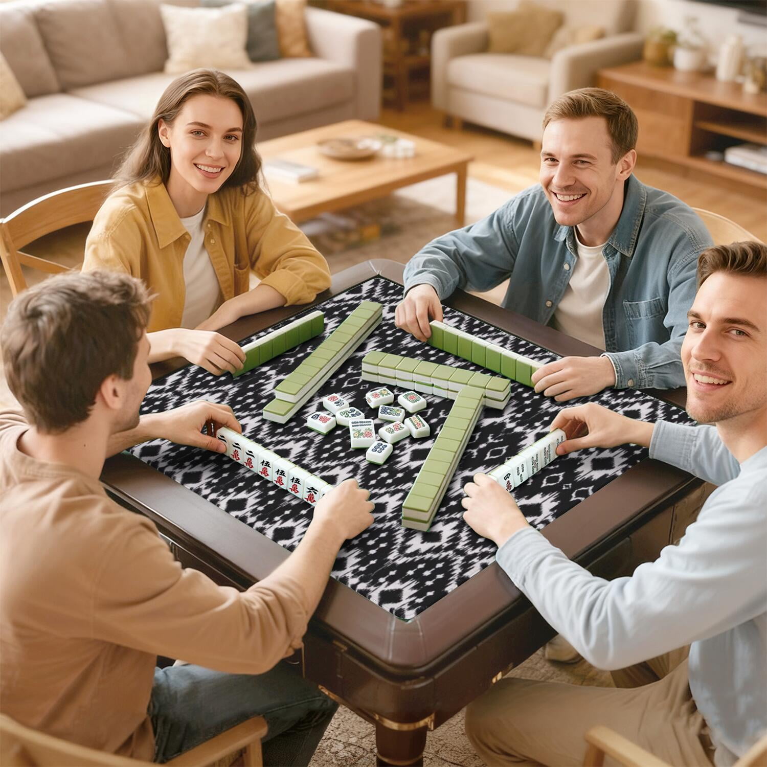 Decorative Boho Inspired Non-Slip Table Mat for Mahjong 31.5 Inch Square Rubber Surface Reduces Tile Noise for Card Games Board Games and Game Nights