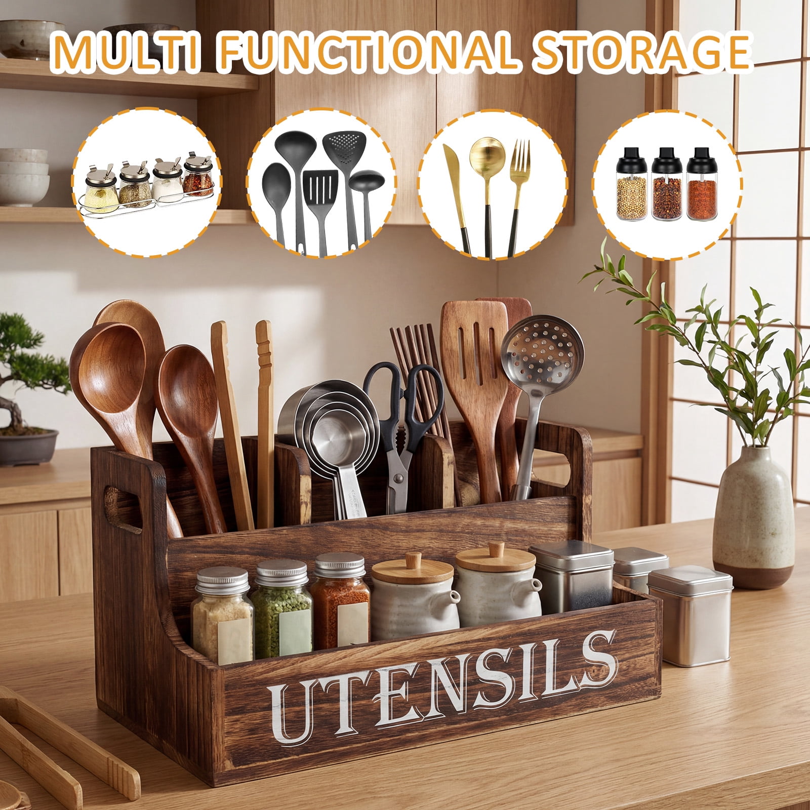 FUYGRCJ Innovation 2 Layers Kitchen Utensil Holder, Extra Large Wooden Utensil Organizer with 4 Compartments, Rustic Cooking Utensil Spatula Caddy for Silverware, Spoons, Cooking Tools Spice Storage