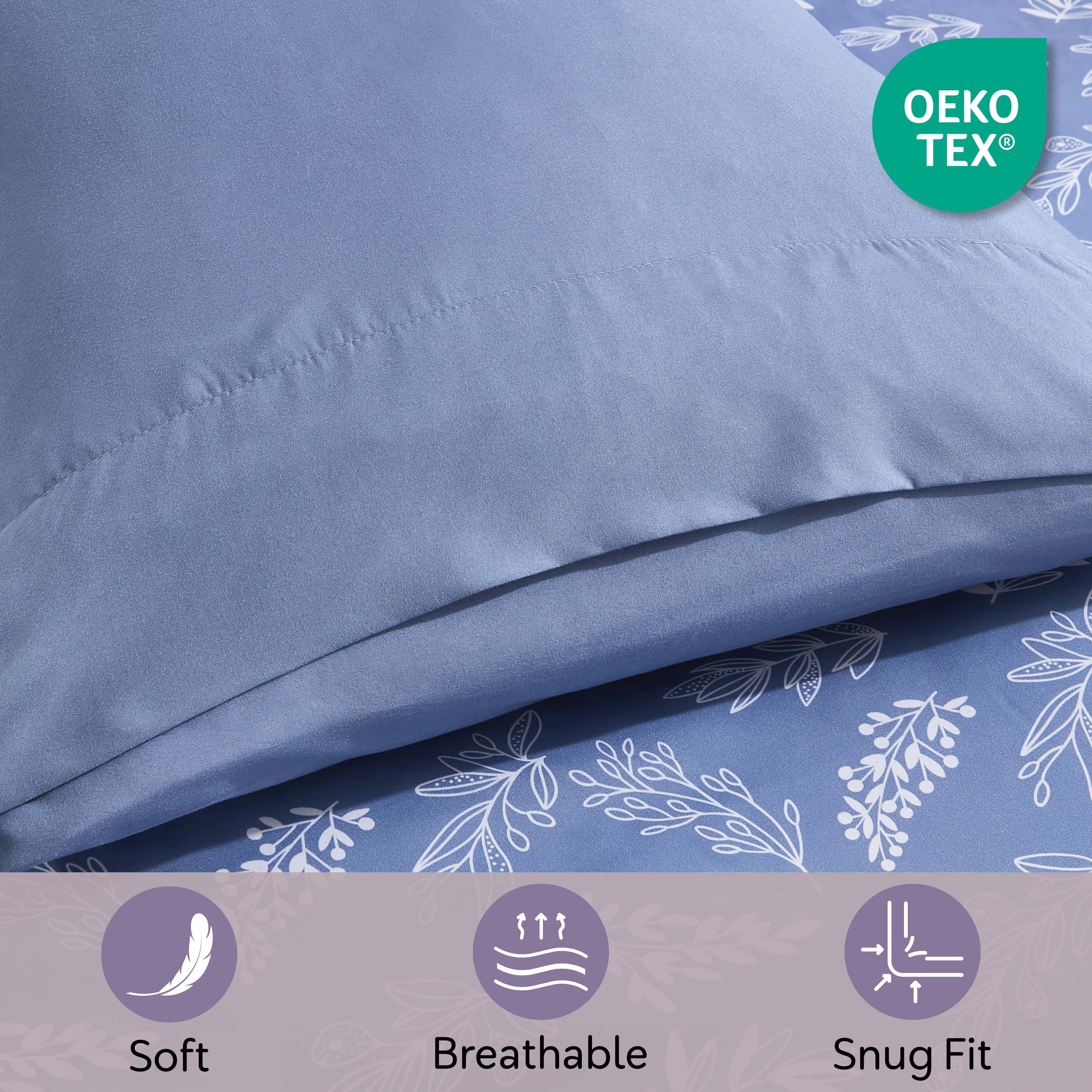 LammaLoe King Size Comforter Set, 7 Piece Botanical Bed in a Bag , Reversible Bedding Comforter Set with Sheets, Modern Bed Set, StateBlue/Cloud Stone