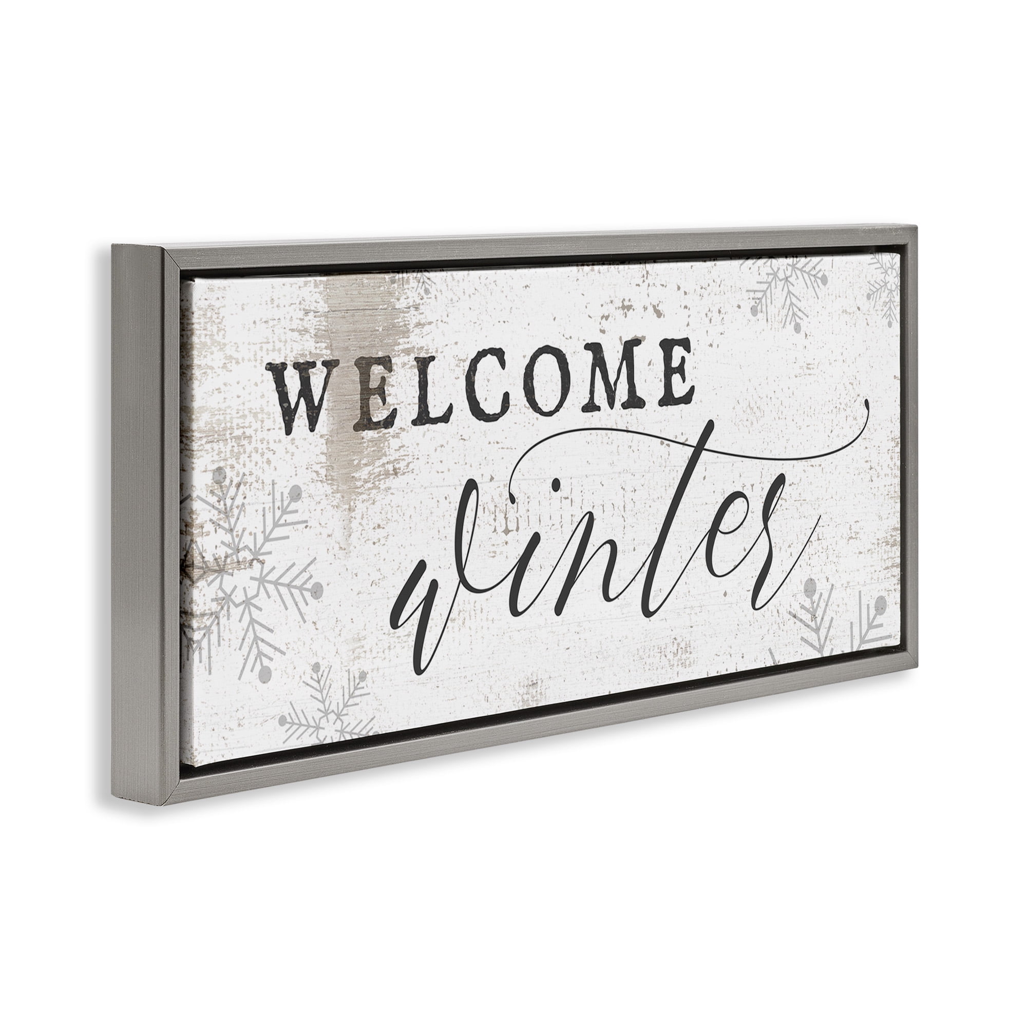 Stupell Industries Welcome Winter Snowflake Pattern Holiday Painting Gray Floater Framed Canvas Art Print Wall Art, 31 x 14