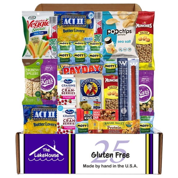 The LakeHouse 25 Gluten Free Snacks - Quality Celiac-Friendly Healthy Snacks Variety Pack For Kids Adults - Gluten Free Snack Box - College Care Package Gift Basket - Snack Boxes For Kids