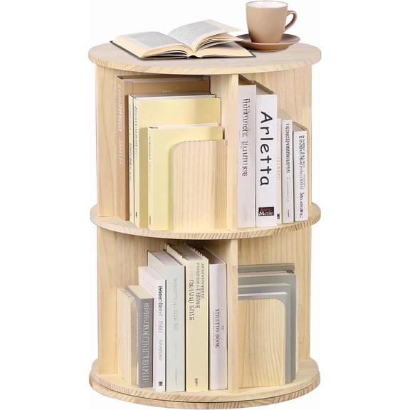 HaloHarness 2-Tier Rotating Bookshelf 360° Spinning Corner Bookcase, Wooden Vertical Organizer for Small Spaces & Bedroom