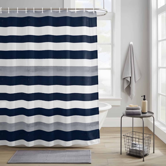 Bathroom Shower Curtain Minimalist Art Navy Blue White Gray Lines Waterproof Shower Curtains with Hooks, Simple Stripe Bath Curtains Bathtub Curtain Home Decor 36x72in
