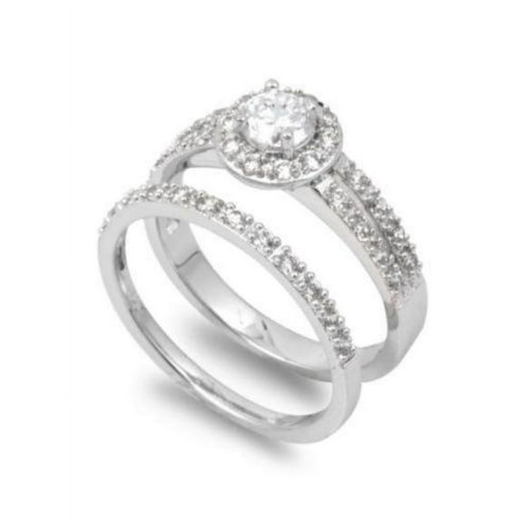 Round Center with Round Stones Cubic Zirconia Wedding Set Ring Sterling Silver 925