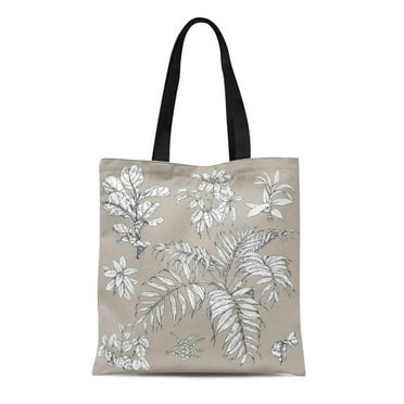 ASHLEIGH Canvas Tote Bag Branches and Leaves of Tropical Plants Black White Floral Reusable Shoulder Grocery Shopping Bags Handbag