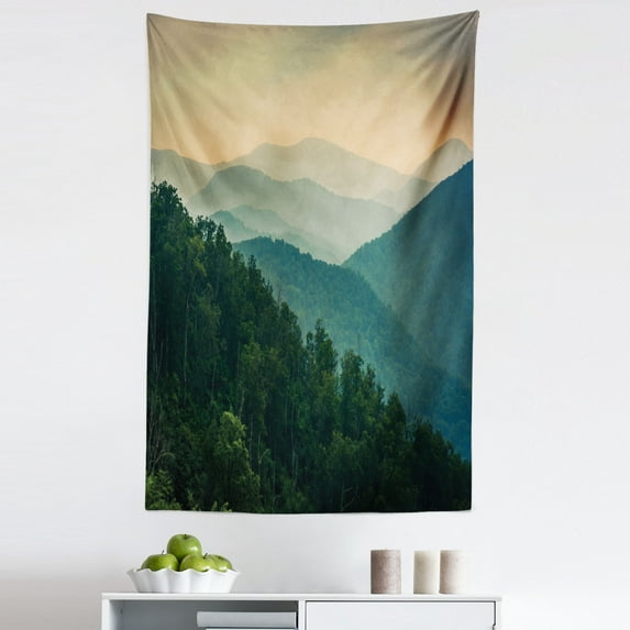 Appalachian Tapestry, Panoramic Landscape Photo of Mountain Ridges Virginia, Fabric Wall Hanging Decor for Bedroom Living Room Dorm, 5 Sizes, Hunter Green Grey Teal, by Ambesonne