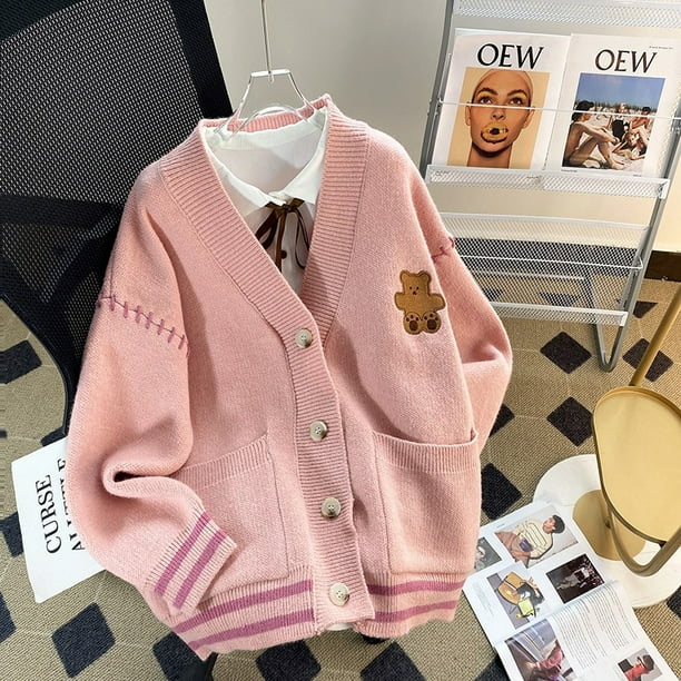 Suéter de moda con cordón de oso de estilo coreano, abrigo de mujer, otoño e invierno, nuevo cárdigan de punto de estilo perezoso, abrigo superior que combina con todo