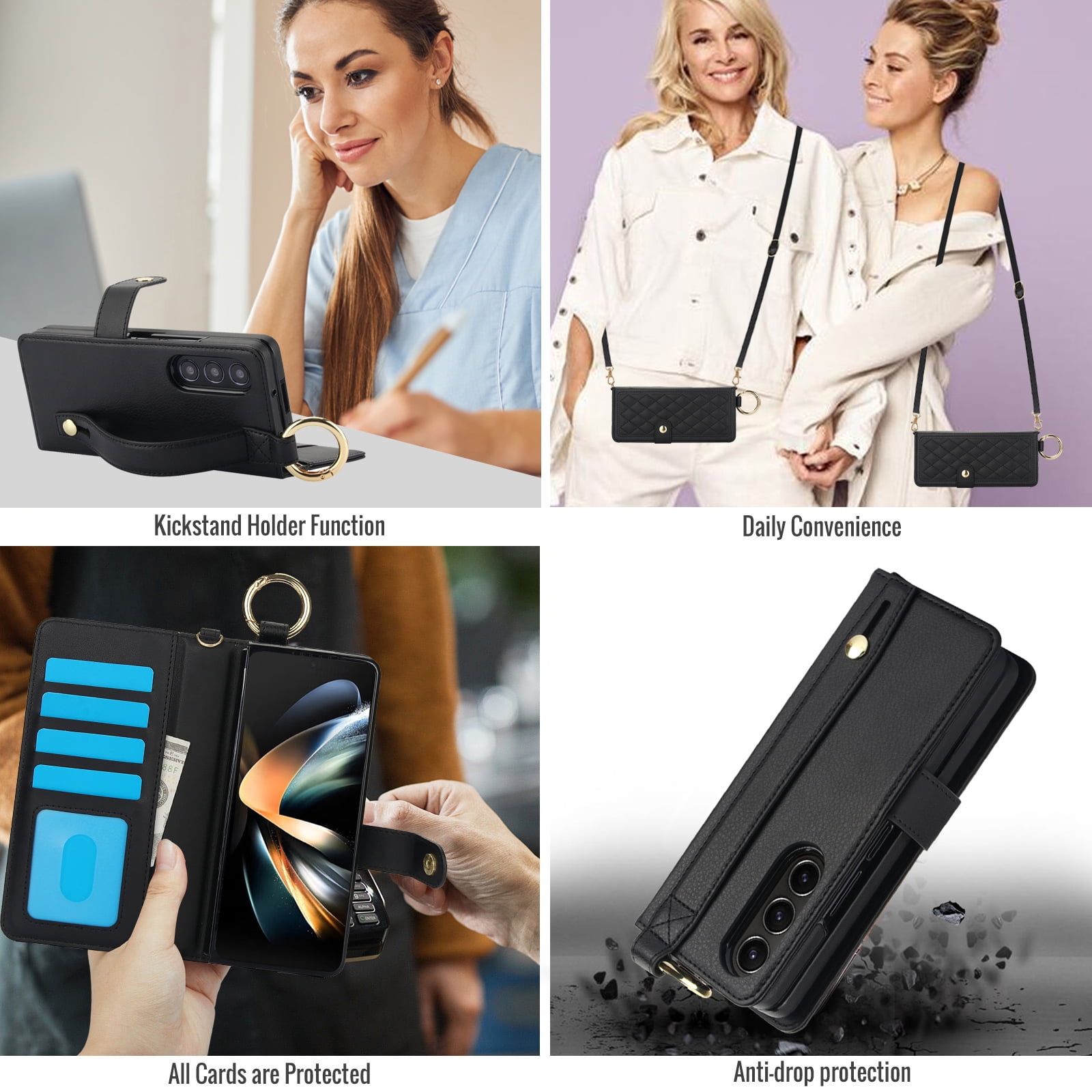 for Samsung Galaxy Z Fold 3 Crossbody Wallet Case, RFID Blocking Card Slots, Ring Buckle Luxury PU Leather Flip Phone Case with Pen Slot Lanyard Strap Wristband Kickstand Cover, Black
