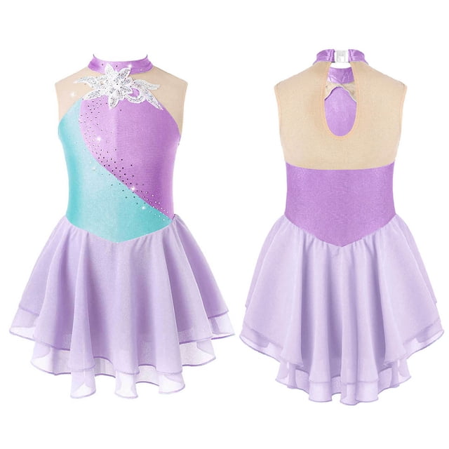 TiaoBug Robe de Danse en Mousseline pour Filles Sans Manches à Volants avec Jupe Justaucorps Patinage Artistique Ballet Danse Robe Tutu Lavande 6