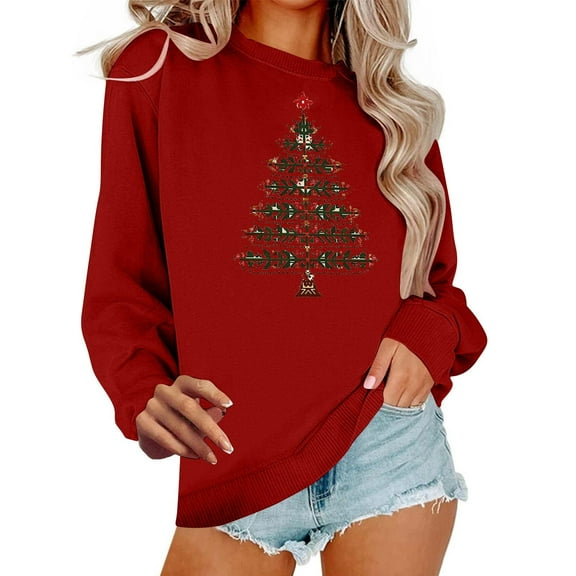 FAWUUDO Christmas Sweatshirts Women Christmas Tree and Bow Cute Xmas Shirts Holiday Party Pullover Tops Burgundy
