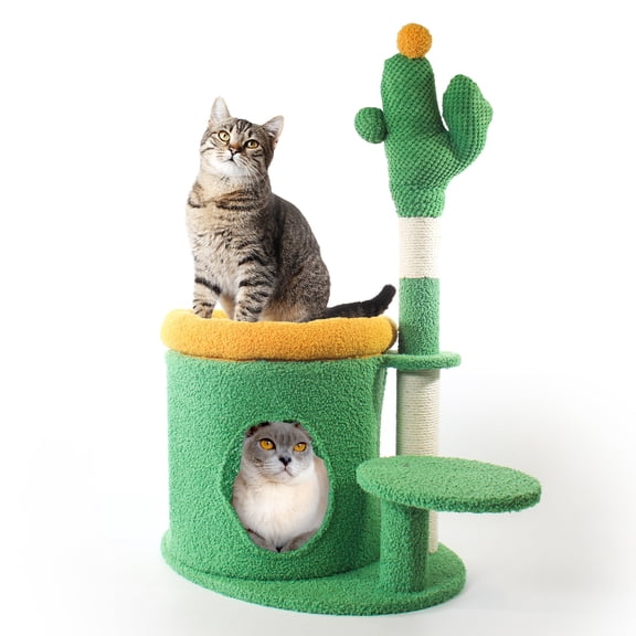35" Cactus Cat Tree with Sisal Scratching Post, Cozy Pet Condo & Climbing Tower for Indoor Cats
