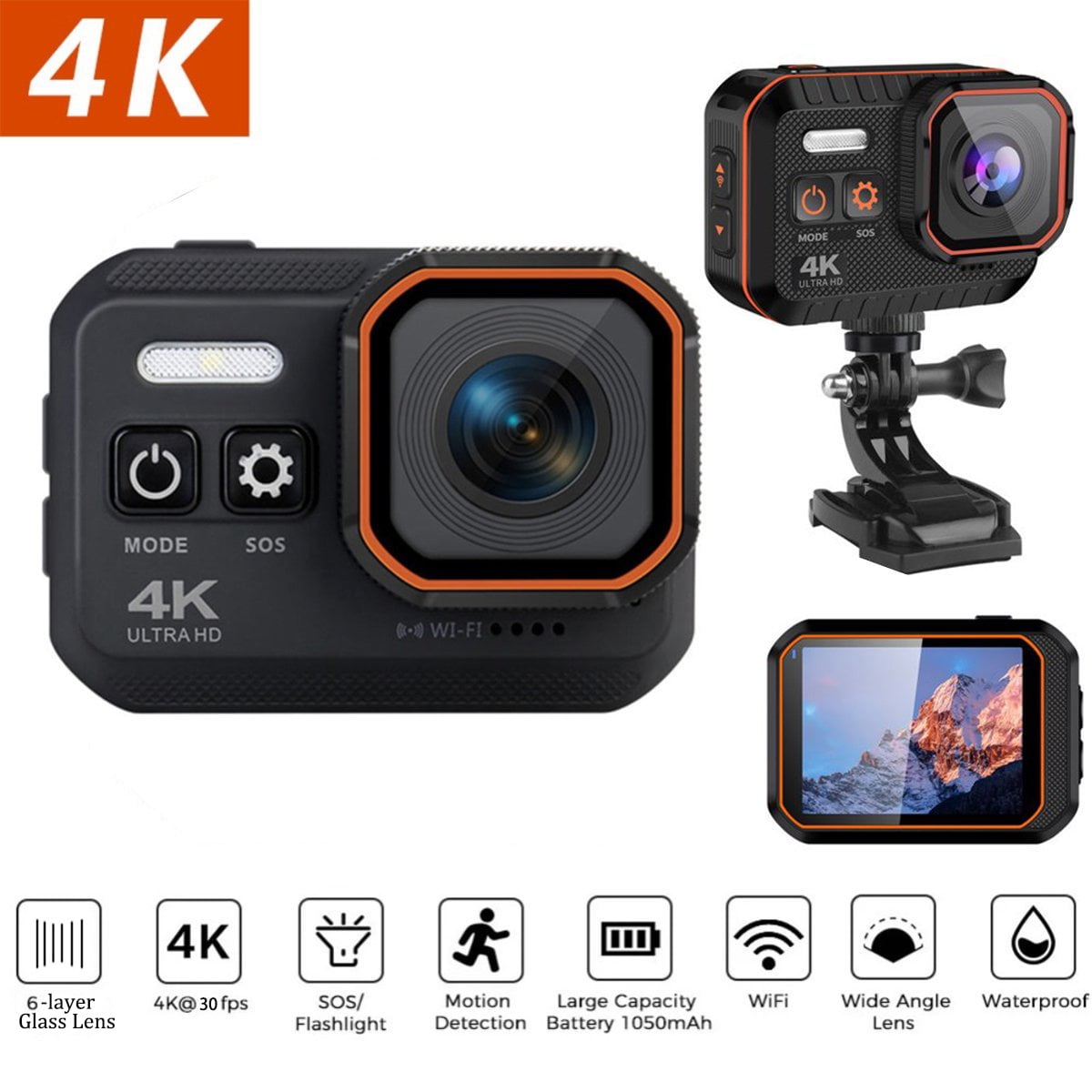 Action Camera 4K Waterproof Camera Underwater Camera WiFi Ultra HD 16mp 170 Degrees Wide Angle Sports Camera with Remote Control 2 Batteries and Mounting Accessories Kit 