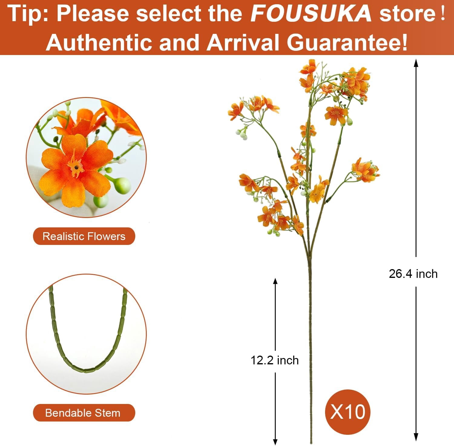 Silk Flowers with Long Stems Artificial Flower for Tall Vase Outdoors Fake Babys Breath Bouquet Faux Floral Wedding Party Decoration Home Indoor Table Centerpiece Decor (Orange)