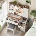 thumbnail image 2 of Farmhouse Wooden Vanity Desk with Sliding Mirror, Lights and Stool, Makeup Table with 4 Drawers, Glass Storage Desktop,Charging Station and 2 Cabinets for Bedroom, Dressing Room, 2 of 15