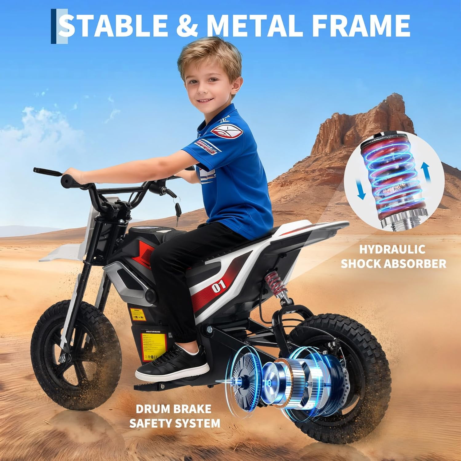 Rugerasy 24V Electric Dirt Bike,Ride on Motorcycle with Rear Wheel Suspension,12 Miles Range,Twist Grip Throttle,Rubber Tire,Birthday & Xmas Gifts,White