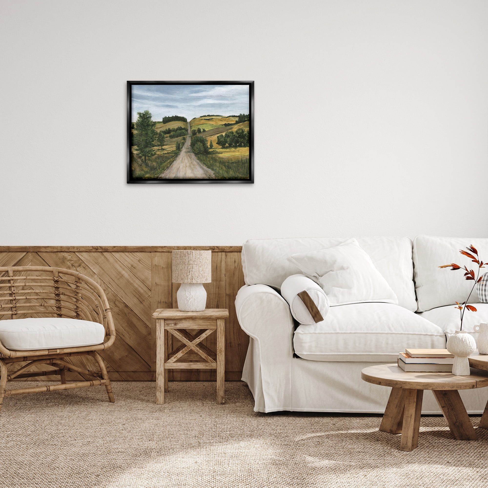 Stupell Industries Receding Country Path Landscape Painting Black Floater Framed Canvas Art Print Wall Art, 31 x 25