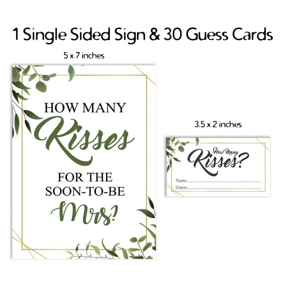 Inkdotpot How Many Kisses For The Soon To Be Mrs Greenery White 1 Sign 30 Cards Bridal Shower Game
