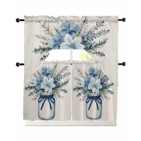 Blue Spring Floral Swag Curtains for Living Room/Bedroom Windows, Summer Flowers Rustic Kitchen Curtains and Valances Set 36 Inch Length, Light Filtering Swags Valance Curtain Panels
