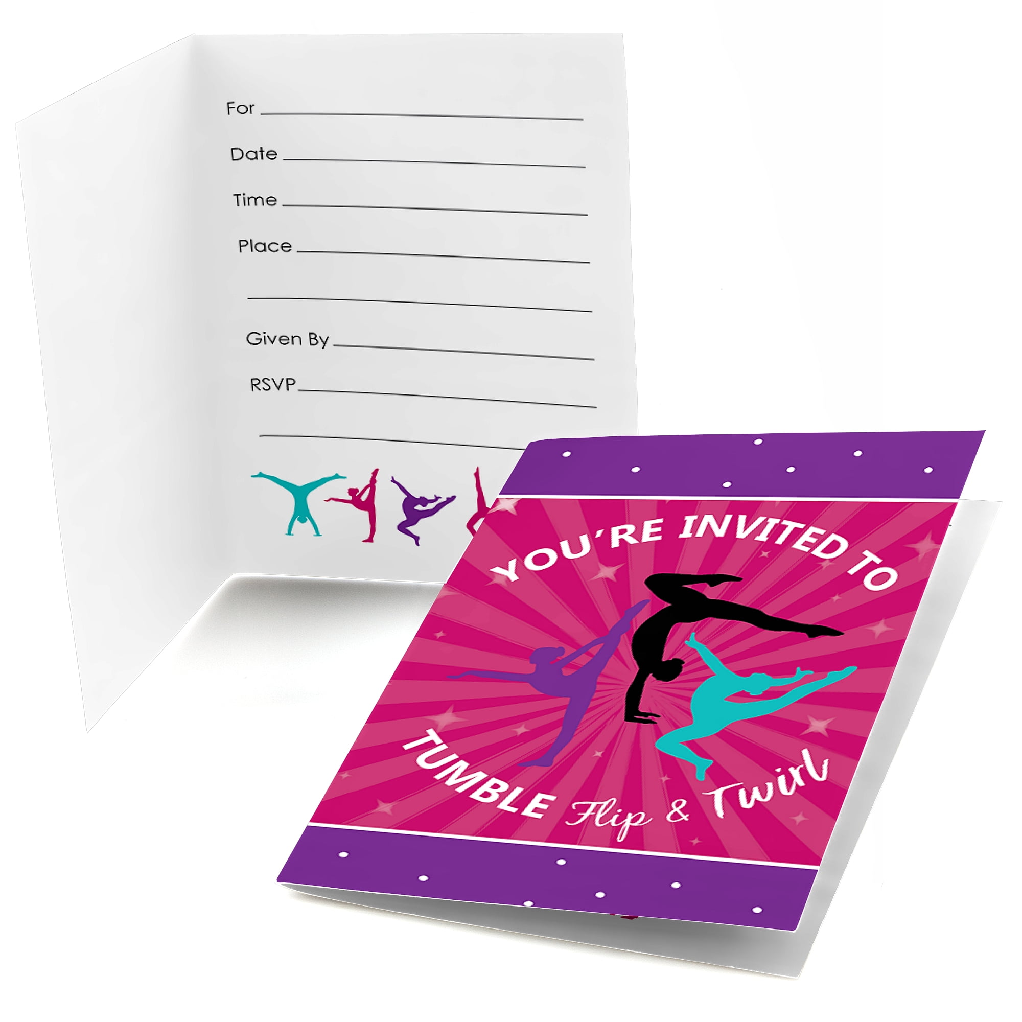 Tumble, Flip & Twirl - Gymnastics - Fill In Birthday Party or Gymnast Party Invitations (8 count)