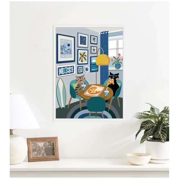 Kate and Laurel Framed Canvas Wall Art Print Pizza Cats by Rachel Lee 3 Birdies Studio, 18 x 24 Sylvie White Frame, Whimsical, Animal Art for Wall Decor
