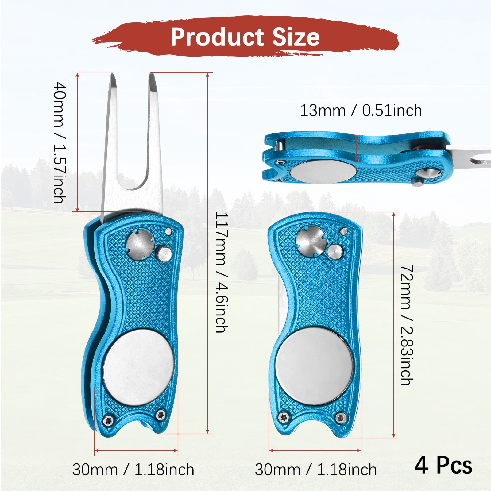 Uxcell Golf Divot Repair Tool [4PCS] - Switch Foldable Divot Tool Rack with Magnetic Ball Marker - [Blue] Green Fork Tines