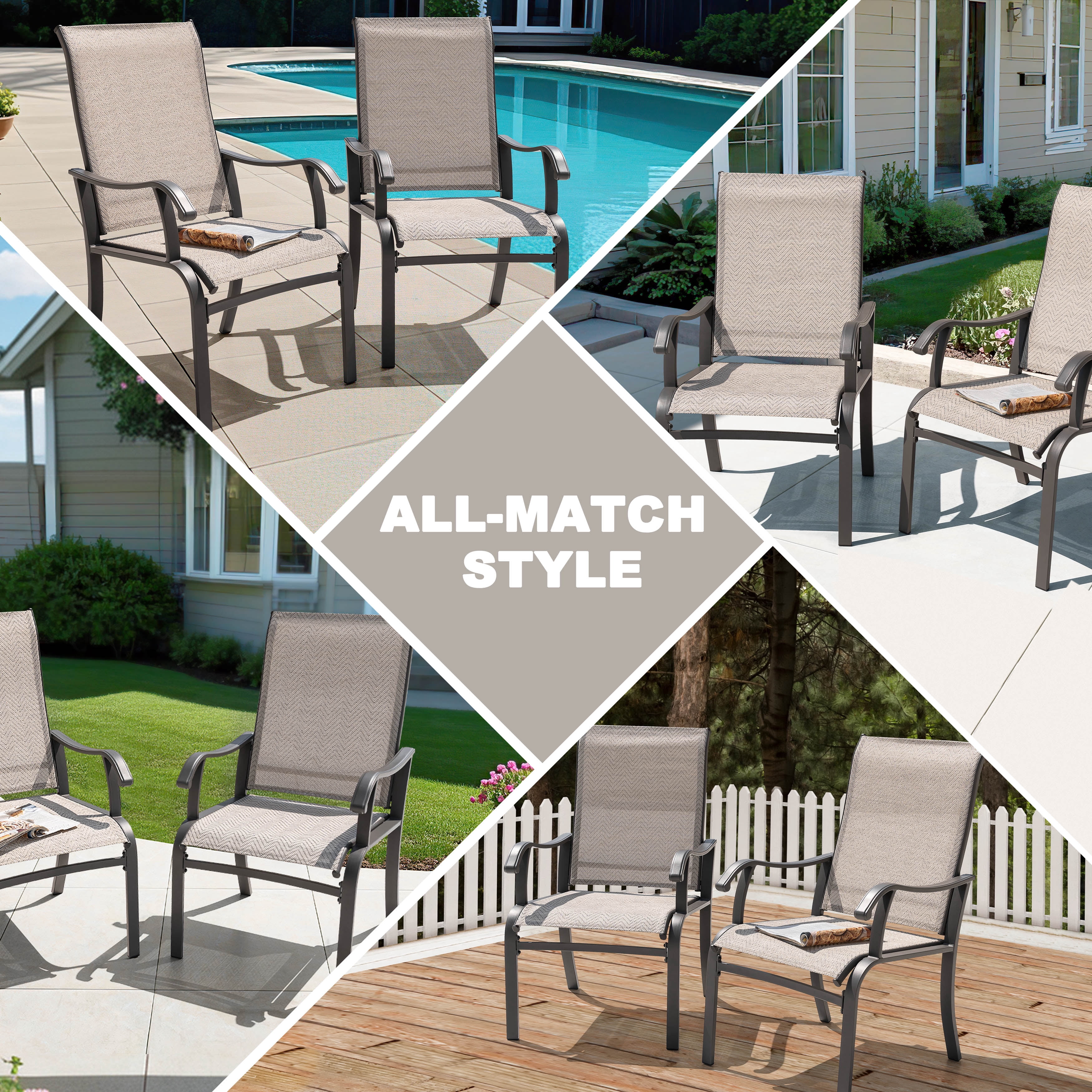 Nuu Garden Outdoor Dining Chairs Set of 2, Patio Dining Furniture Set with Powder-Coated Frame, Weather-Resistant Metal Dining Chairs with Textilene High Back and Wider Seat for Outside, Beige