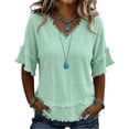 thumbnail image 2 of longantii Linen Shirts for Women V Neck Casual Cute Oversized Shirt Loose Basic Holiday Summer Tops Boho Beach Vintage Tshirts Green M, 2 of 6