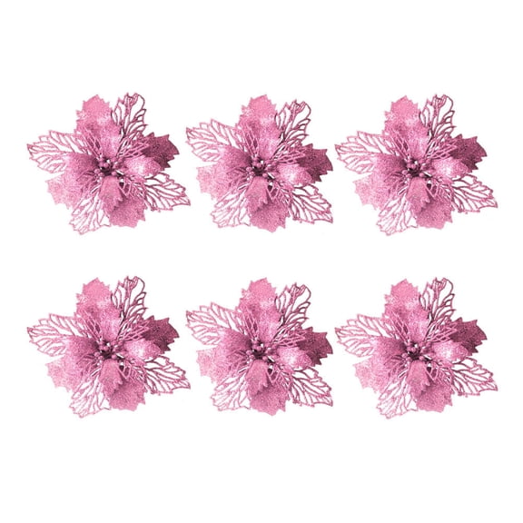 COSMOBETTY 6Pcs Pink Glitter Artificial Flowers for Christmas Tree and Ornament Decor