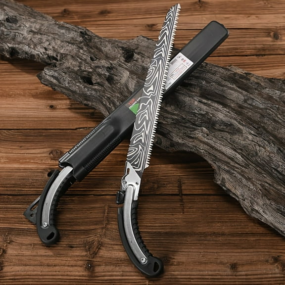 2pcs Damas Steel Hand Saws with Protective Sheaths – Quick Cut Carbon Steel Blades, Ergonomic Black Handle for Gardening, Logging, and Outdoor Use