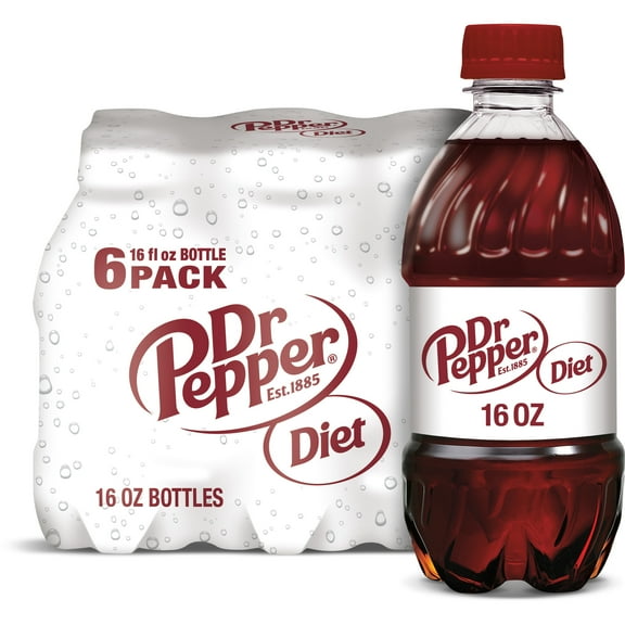 Diet Dr Pepper Soda Pop, 16 fl oz, 6 Pack Bottles