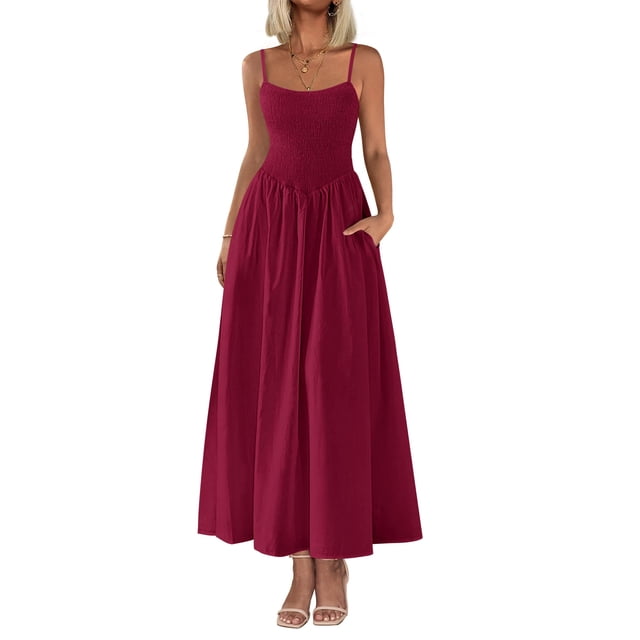 Vestido largo PRETTYGARDEN para mujer, estampado de verano 2025, rojo vino