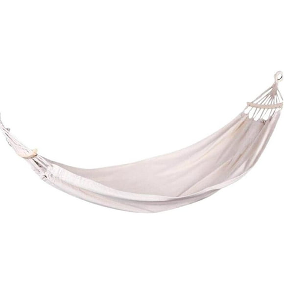 White Hammock Swing Bed with Wooden Bar, Thickened Fabric Soft Canvas, Portable Travel Large Hanging Hammock