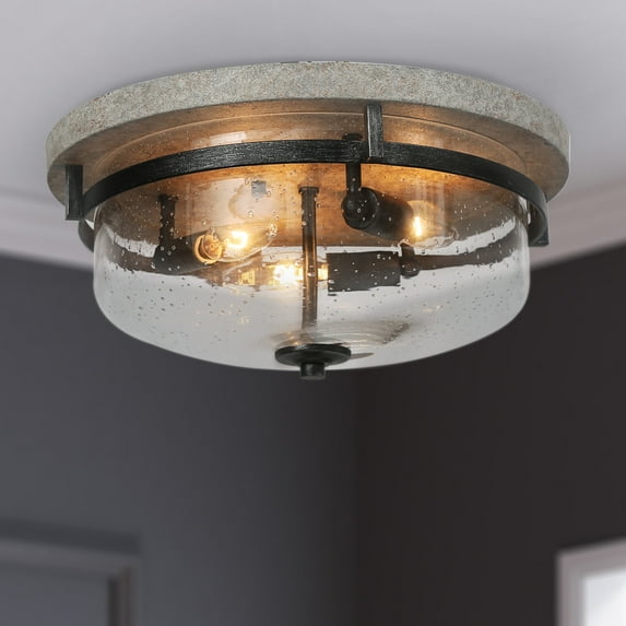 LNC 3-Light Flulsh Mount Light, Farmhouse Ceiling Light with Wood Accent&Seeded Glass