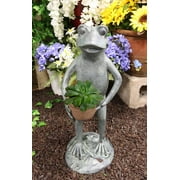 19"H Aluminum Green Thumb Whimsical Gardening Frog Carrying A Planter Pot Statue