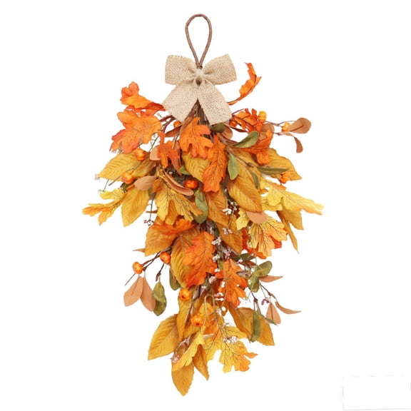 YAWUBT 1Pack 26 in Fall Teardrop Swags Autumn Front Door Decor, Fall Swag Wreath, Faux Pumpkins Berries Maple Leaves Burlap Bow, Home Wall and Thanksgiving Harvest Hanging Decor