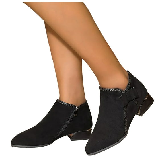 Women's Slip On Ankle Boots Western Pointed Toe Block Low Heel Black Chelsea Booties Suede Fall Dress Short Boots
