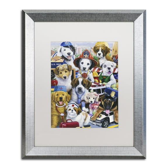 Trademark Fine Art 'Working Puppies' Canvas Art by Jenny Newland, White Matte, Silver Frame