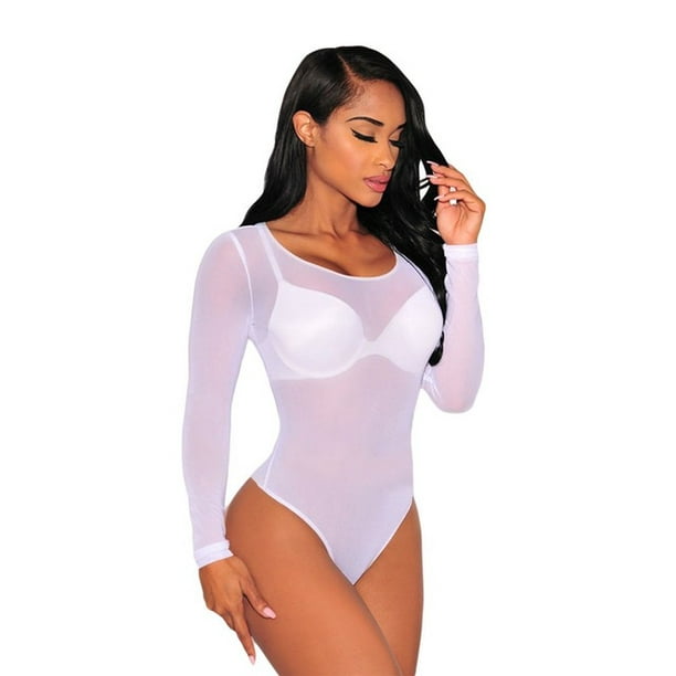 Women Mesh Bodysuit Turtleneck Skinny Bodysuits Transparent