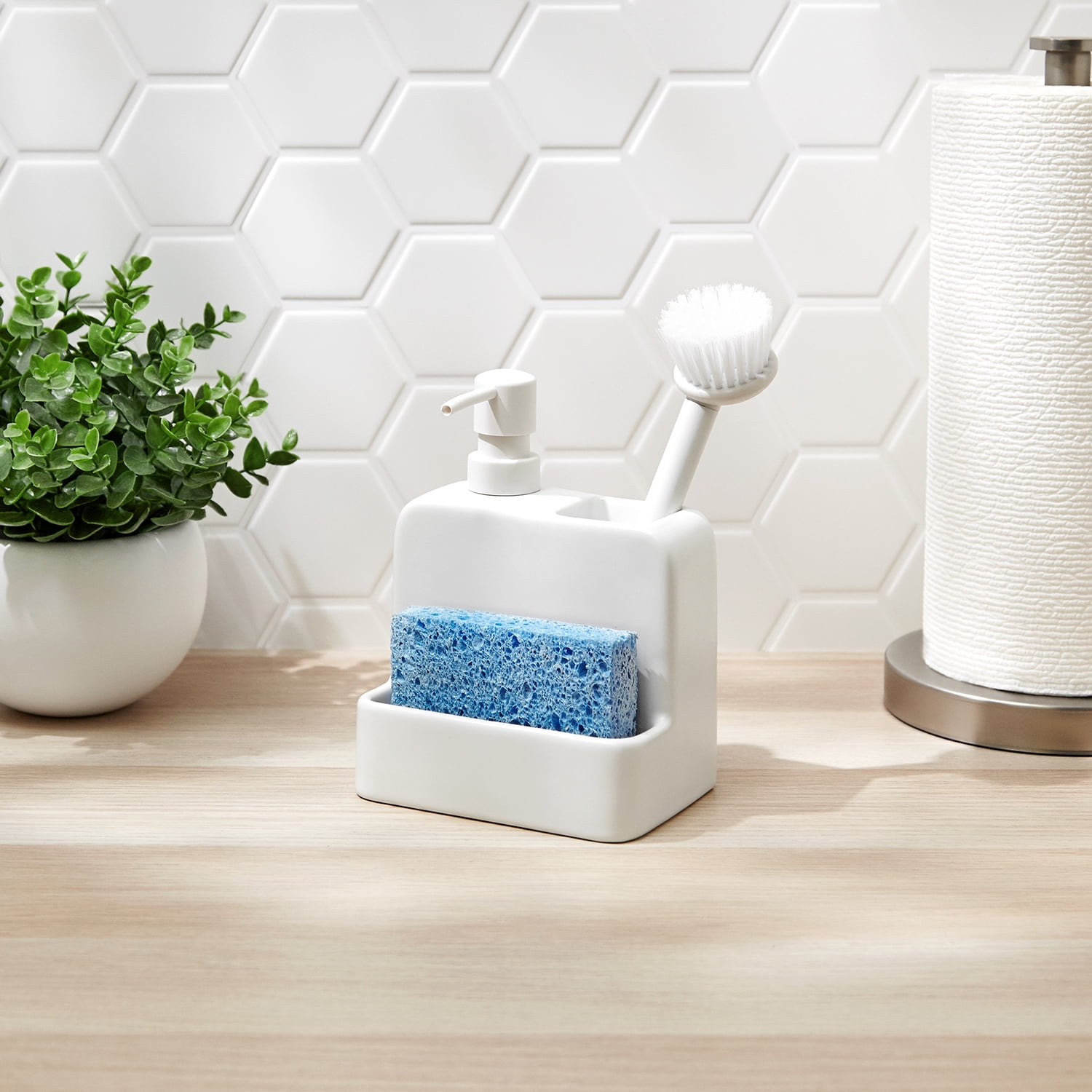 (3 pack) Mainstays Ceramic Liquid Soap Dispenser with Pump and Brush Holder, Kitchen Sink Dish Soap Dispenser Organizer for Sponge, Dish Brush and Cleaning Supplies, White