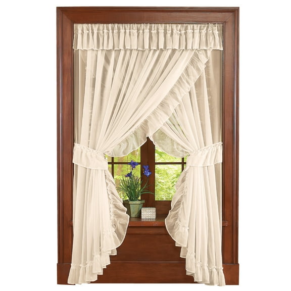 Collections Etc Isabella Ruffled Sheer Fabric Rod Pocket Window Curtain Set, Cream