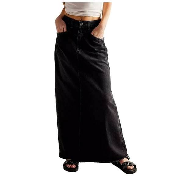 Women Vintage Denim Maxi Skirt Hem High Waist A Line Long Jean Skirt Long Skirts for Women plus Size Leather Skirt Denim Ruffle Skirt Fitted Bed Skirt Skirt Leggings for Women Long Pencil Skirts for